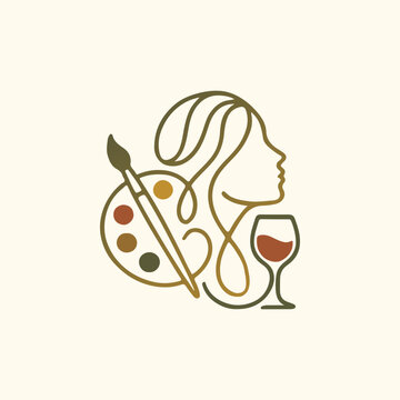 Minimalist paint and sip logo design with woman face art palette brush and wine glass vector illustration