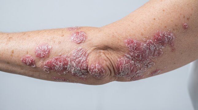 Close up of severe red scaly psoriasis plaque on human arm and elbow