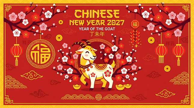 Chinese New Year 2027 celebration banner with goat and plum blossoms