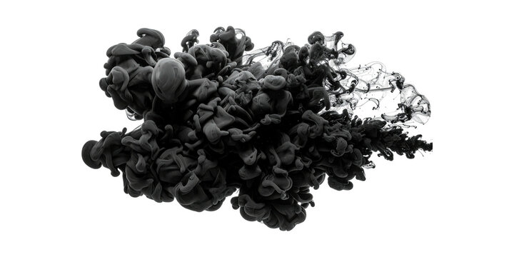 Black ink cloud, swirling paint splash, dark liquid smoke on white