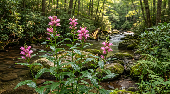 Vibrant pink turtlehead flowers blooming near flowing forest stream with beautiful yellow swallowtail butterfly visiting them
