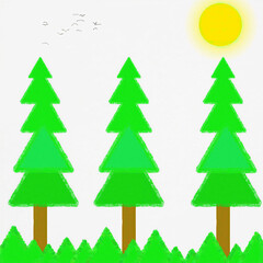 Fototapeta premium Three green pine trees, yellow sun, and flying birds in the sky isolated on a transparent background