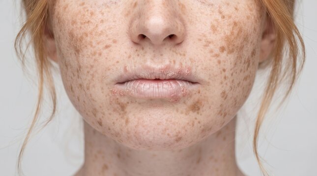 Close up of human lips with cold sore herpes simplex virus or angular cheilitis infection