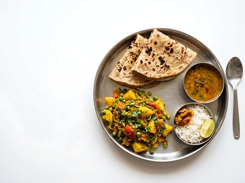 Traditional indian thali meal with roti dal vegetable curry and rice on plate