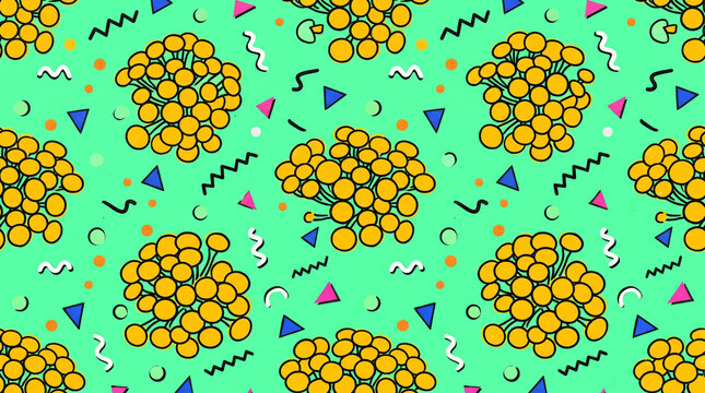 Bright yellow floral pattern featuring abstract geometric shapes on a vibrant green retro style background