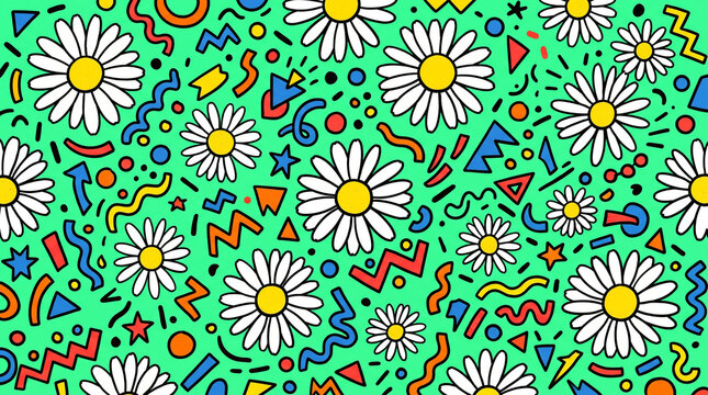 Vibrant daisy flower pattern featuring playful retro geometric shapes on a bright neon green background