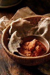 Fototapeta premium Ethiopian injera with doro wat stew