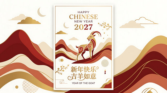 Stylized goat standing on mountain for Chinese New Year 2027 card