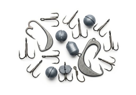 Collection of Various Fishing Hooks and Lead Sinkers Isolated on White Background for Angling and Sport Fishing