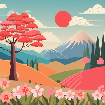 vector illustration of a japanese garden