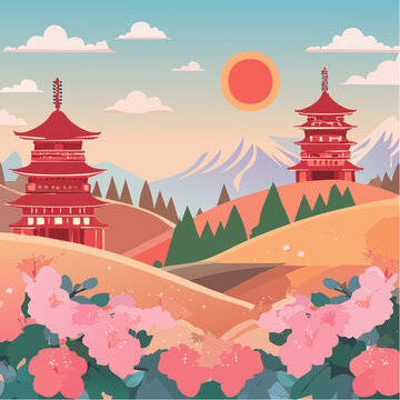 vector illustration of a japanese garden