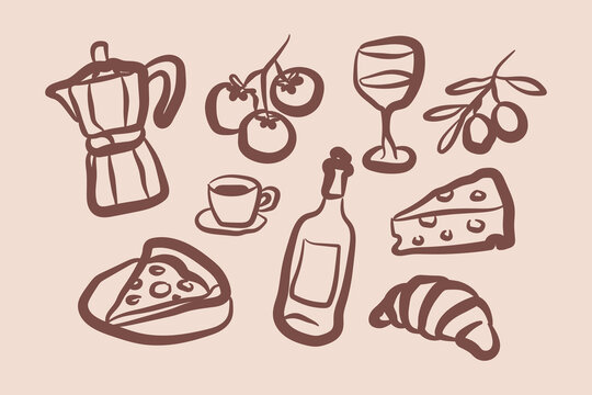 Italian Food and Drink Doodle Set with Pizza, Coffee and Wine