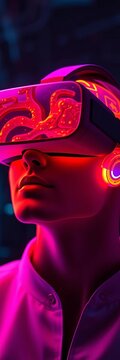Virtual reality goggles worn by researcher to study brain model, ||lab equipment, screen