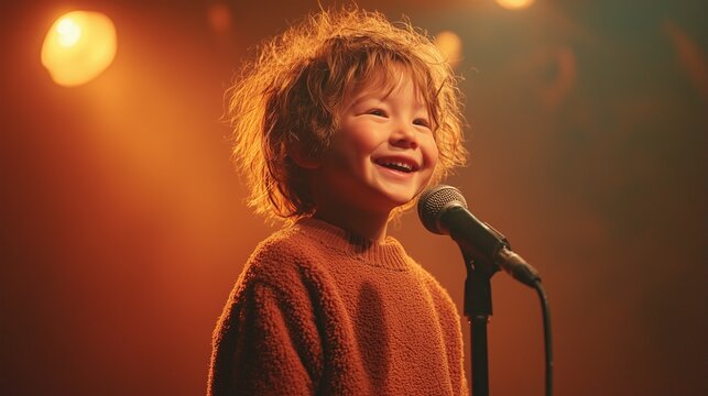 Young child performing on stage, expressing joy and happiness while singing into a microphone under warm spotlight, showcasing talent and creativity