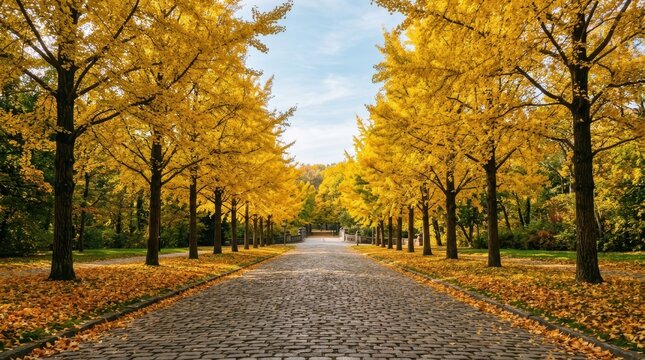 A paved pathway lined with golden ginkgo trees in full autumn foliage fall