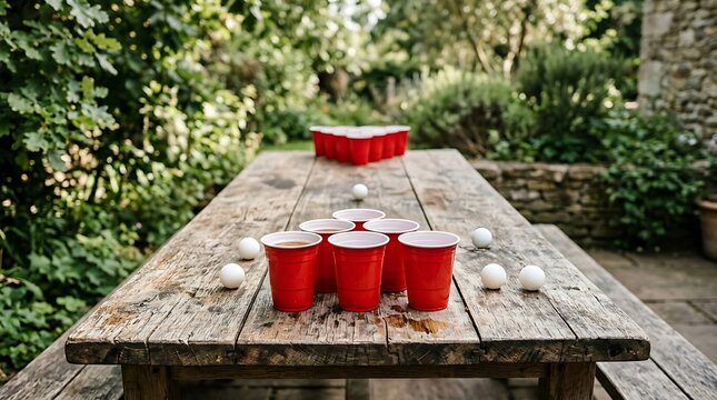 Red plastic cups set up for a fun beer pong game on a wooden table in a green summer backyard garden. bierpong