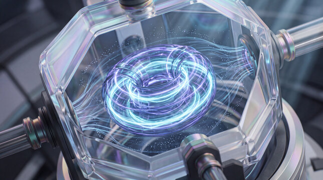 A glowing plasma core rests inside a complex glass reactor chamber with bright electric energy swirling in a dark laboratory setting for a futuristic scientific research or power generation project.