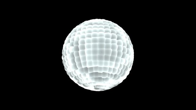 Abstract white disco ball sphere render background. Glowing silver mirror tile orb motion design. Futuristic geometric crystal sphere element on black.