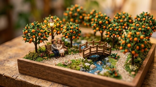 Miniature diorama of a couple sitting on a bench in an orange grove with a small bridge and stream