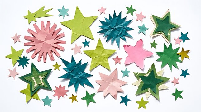 Colorful handcrafted paper stars collection on white background with multi colored decoration colorful creative handmade background assortment celebration elements abstract scrapbook