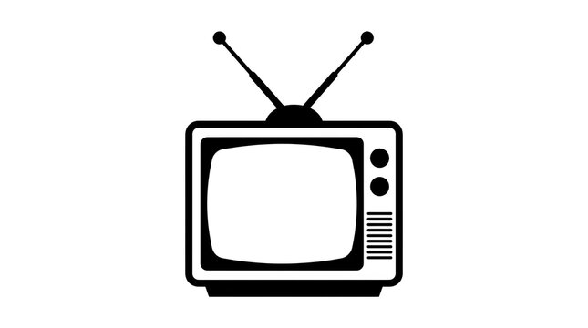 Retro CRT television icon with antennas, vintage TV set silhouette for media design