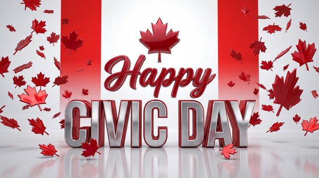 Happy Civic Day greeting with 3D text. Canadian holiday celebration with red maple leaves. Festive national event background.
