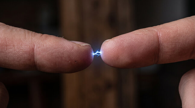 Static electric spark jumping between two human fingertips.