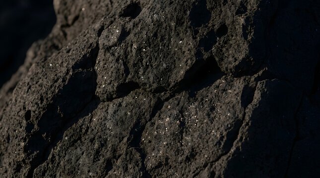Jagged volcanic black basalt rock featuring porous textures and sharp mineral inclusions captured with deep shadows and natural sunlight highlights