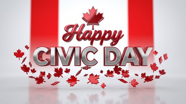 Happy Civic Day greeting with Canadian flag, 3D metallic text on white background, festive maple leaf decorations for national holiday