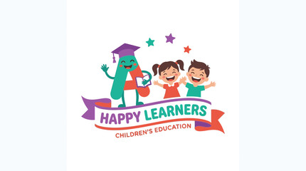 Fototapeta premium Colorful Education Logo Design Featuring Happy Children and Alphabet Mascot for Preschool Brand