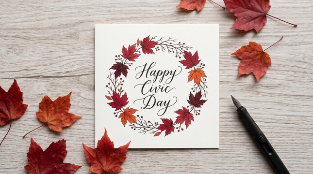 Happy Civic Day greeting card with autumn maple leaf wreath, elegant calligraphy on white paper, seasonal holiday flat lay on wood background
