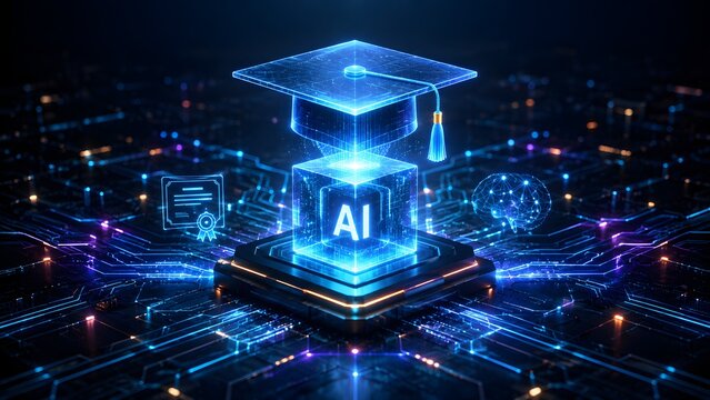 AI education concept: glowing graduation cap, 'AI' cube, and digital brain on a futuristic circuit board, symbolizing intelligent learning and innovation.