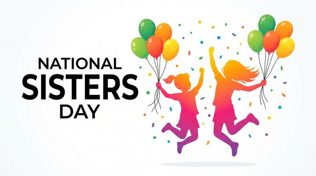 National Sisters Day greeting card, colorful silhouettes of jumping girls with balloons and confetti, happy sibling holiday banner