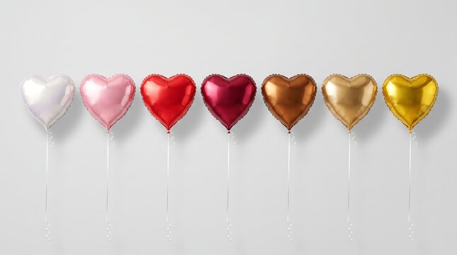 A row of colorful heart shaped foil balloons against a neutral gray background studio lighting