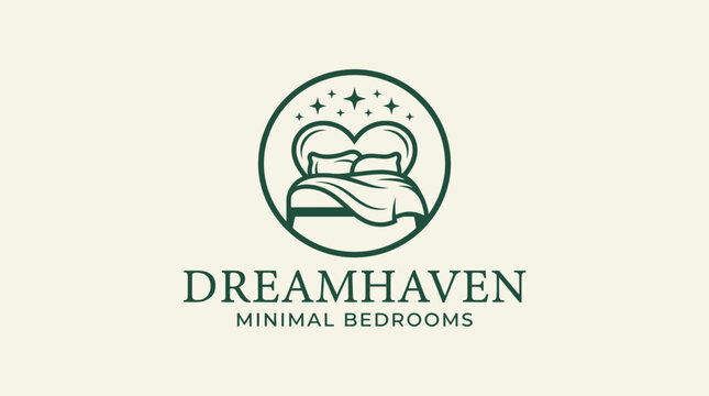 Minimalist bedroom furniture logo with bed and stars for Dreamhaven interior design branding