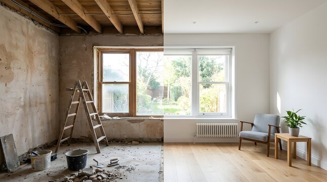 Before and after comparison of a home interior showing a professional home improvement renovation project in progress