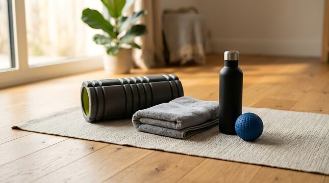 Yoga mat lies on the wooden floor with a foam roller and a towel for a home workout routine.