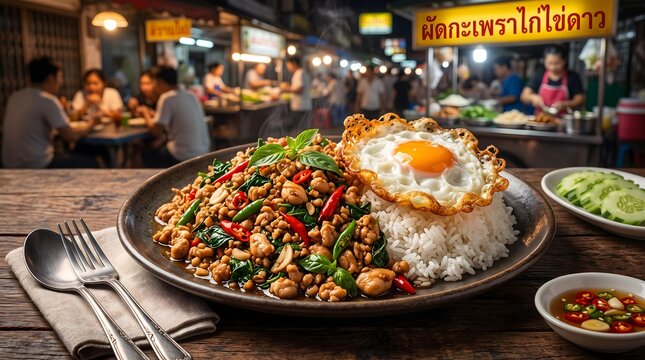 Authentic Thai Rice Bowl Culture Authentic Thai Street Food: Delicious Pad Krapow Gai with Crispy Fried Egg in Vibrant Night Market Setting