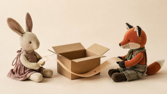 Cute stuffed rabbit and fox toy packing a brown cardboard gift box with heart tape studio photo
