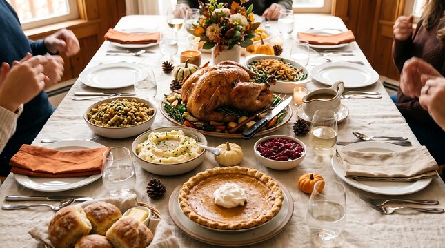 Festive thanksgiving dinner with a beautifully set table and a golden roasted turkey as the centerpiece