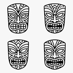 Four black and white vector tiki mask icons featuring traditional Polynesian carved designs, geometric facial patterns, large eyes, and open mouths with teeth in a symmetric grid. © Var