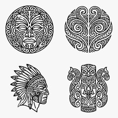 Obraz premium Set of four black and white tribal vector illustrations including a Maori mask, circular koru spiral motif, indigenous warrior with feathered headdress, and a tiki statue ornament.