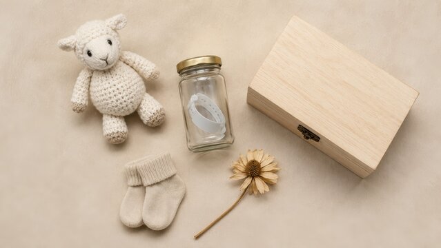 Baby memory box keepsake items with stuffed lamb glass jar socks and dried flower top view