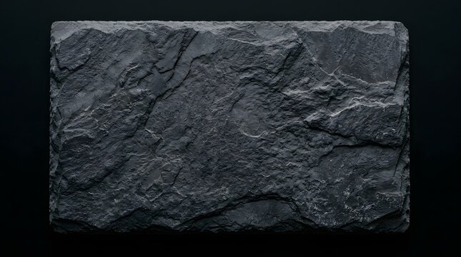 Rectangular dark gray slate stone slab featuring rough natural jagged textures and sharp edges captured in a top down view