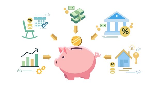 Multiple income streams leading into a piggy bank for financial growth, retirement savings, investment returns, bank deposits, and real estate equity, net worth minimal illustration