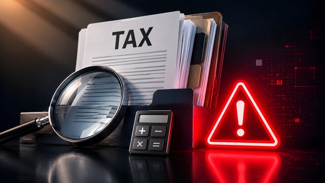 Critical tax documents under intense scrutiny with calculator and a glowing warning sign, indicating urgent financial issues or potential audit risks.