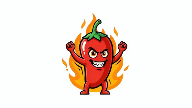 Angry red chili pepper mascot with fire, spicy hot pepper cartoon character, flaming jalapeno illustration for restaurant logo