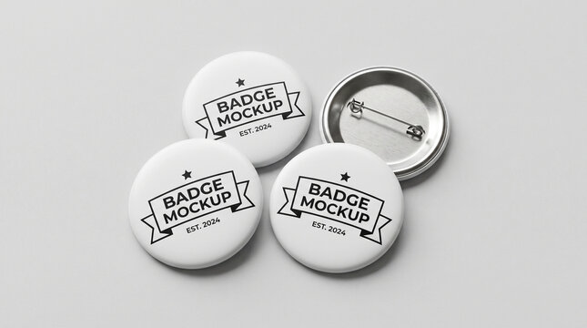 Set of three round pin badges with custom design mockup on a light grey background