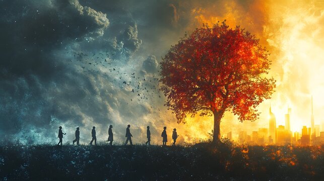 Silhouettes of people walking toward a burning city under a fiery sky with a lone red tree symbolizing resilience. Climate change awareness, global warming, IPCC reports.