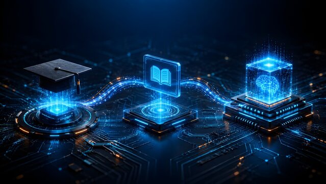 Digital education and knowledge transfer transforming into artificial intelligence, symbolizing advanced learning, technological innovation, and the future of smart development.
